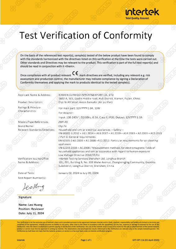 A9 Smart Anion BamaAir – Test Verification of Conformity (LVD) tanúsítvány első oldala