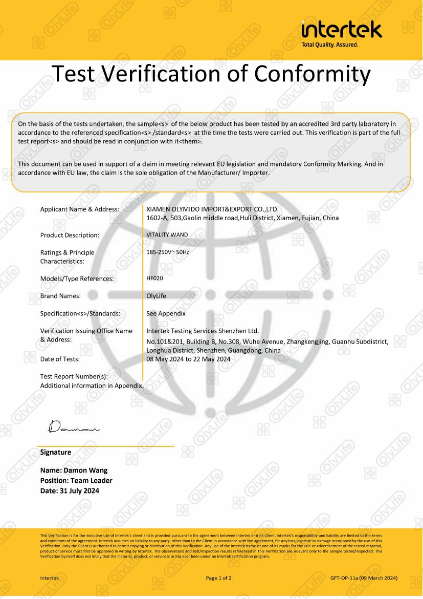 Vitality Wand – Test Verification of Conformity tanúsítvány első oldala