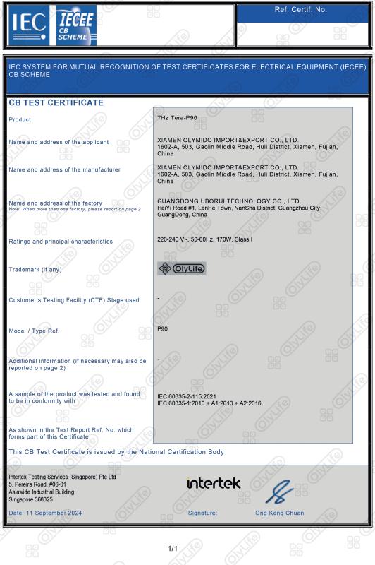 THz Tera-P90 – CB Test Certificate tanúsítvány első oldala